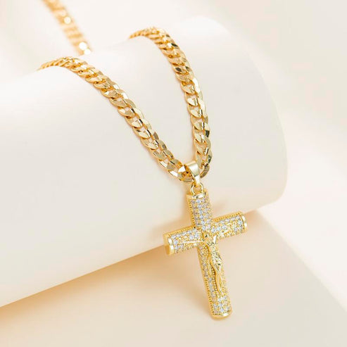 14K Gold-Plated Cuban Jesus Christ Crucifix Chain