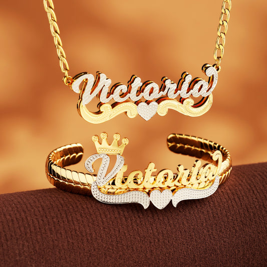 Custom Crown Heart Name Bracelet and Necklace Set