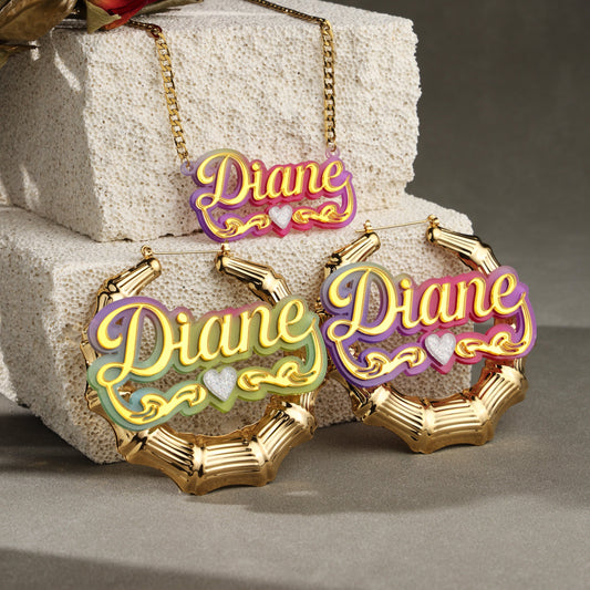 Colorful Bamboo Name Hoop Earrings and Necklace Set