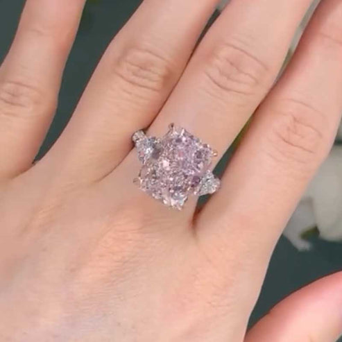 Pink Stone Radiant Cut Three Stone Engagement Ring